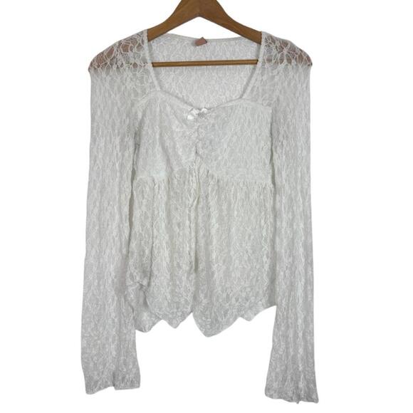 French Twist White Lace Front Open Slit Satin bow Long Sleeve Blouse Size: M - Picture 1 of 7